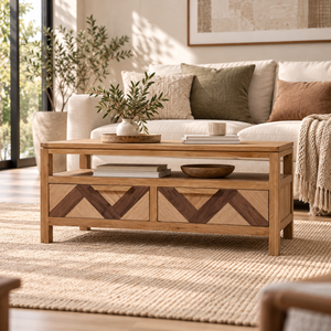 Mesa de centro de madera de roble natural escandinavo con dos cajones de la colección SOHO para muebles de sala de estar - Product Image 1