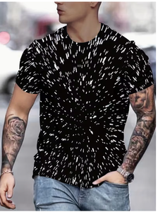 T-shirt à manches courtes pour homme, noir, col rond, imprimé abstrait blanc, coupe classique, décontracté, 100% coton, tissu tricoté respirant - Product Image 3