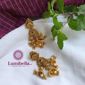 Chandbali Jhumka Chandelier Earrings-Vintage Gold Plated Oxidized Polish Regular Length Tassel Design Jade Pearl Diamond - Product Image 1