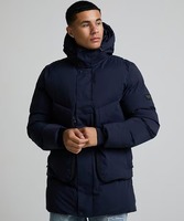 Veste matelassée à capuche bleu marine pour homme, coupe classique, fermeture éclair, coupe-vent, vêtement d'extérieur décontracté d'hiver, rembourrage en polyester