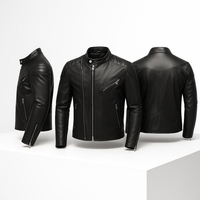 Blouson de motard en cuir d'agneau noir pour homme - Coupe ajustée, style moto, nouvelle mode, motif uni, décontracté, logo frontal