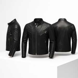 Men's Black <b>Sheepskin</b> Leather Biker <b>Jacket</b> - Slim Fit Moto Coats New Fashion Solid Pattern Casual Style Front Logo - Product Image 4