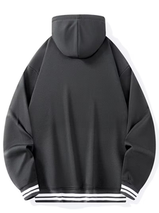 Ensemble de sweat-shirt à capuche gris foncé pour homme, coupe classique, en coton French Terry, couleur unie, décontracté, pour l'automne, avec détails rayés blancs - Product Image 6