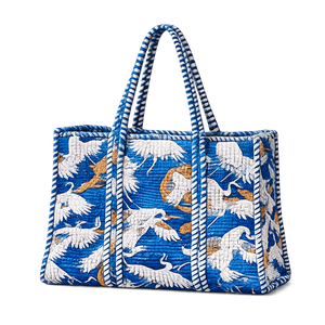 Blue <b>Tote</b> Bag with White Crane Pattern Bohemian Style Beach Bag <b>Zip</b> Closure All Seasons Use Quilted <b>Tote</b> Bag Jaipuri Pattern - Product Image 1