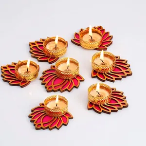 Wooden Tea Light Holders Floral Design <b>Red</b> Gold Home Decoration <b>Candle</b> Stands Set of 7 - Product Image 6
