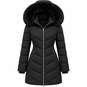 Veste d'hiver unisexe longue à capuche matelassée avec empiècements en toile, bordure en fourrure, fermeture éclair, coupe-vent, épaisse et ajustée - Product Image 1