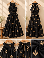 Robe midi trapèze à imprimé floral et col licou, noire avec détails dorés, à volants, décontractée, d'été, tissée, sans manches, coupe ample
