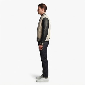 Custom Men's <b>Slim</b> <b>Fit</b> Breathable Asymmetric Colorblock Varsity <b>Jacket</b> Poly Wool Shell Lambskin Leather Sleeves for Autumn/Winter - Product Image 3