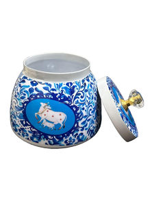 โถเก็บโลหะทรงกลมทรงกลมชามผลไม้แห้งลายดอกไม้สีฟ้าและสีขาวและลายวัว - Product Image 2
