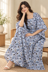 Blue Garden Print Kaftan for Women 100% Cotton V-neck Loose Fit <b>Maxi</b> <b>Dress</b> with Slits <b>Bohemian</b> Holiday Wear - Product Image 6