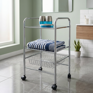Carrito de almacenamiento metálico de 3 niveles con ruedas para baño, diseño minimalista, organizador metálico rodante, forma rectangular - Product Image 1