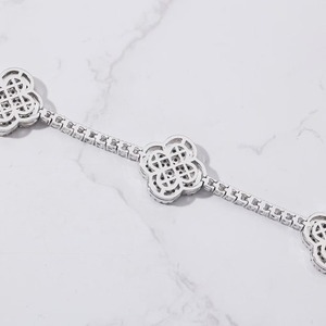 Pulsera de Eslabones con Motivo de Flor y Trébol, Chapada en Rodio sobre Plata 925, con Incrustaciones, Joyería Unisex - Product Image 1
