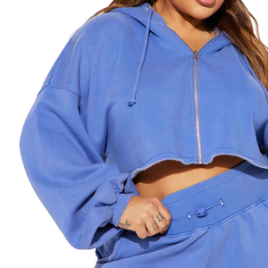 Ensemble tendance 2 pièces pour femme, bleu, avec crop top à capuche et short, en polaire, décontracté, printemps-été, couleur unie, fermeture éclair sur le devant, coupe classique 2026 - Product Image 3