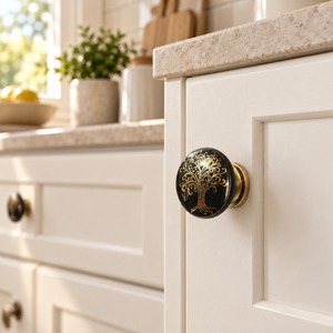SHUBHAM Black & Gold Tree of Life <b>Ceramic</b> Cabinet <b>Knob</b> Round Decorative <b>Drawer</b> Pull Handle with Metal Base for Furniture - Product Image 4