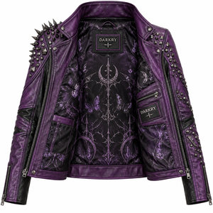 Veste en cuir véritable violet foncé pour femme, style gothique, avec imprimé visage, cloutée, fermeture éclair croisée aux épaules, manteau de motard, fournisseur d'usine - Product Image 5