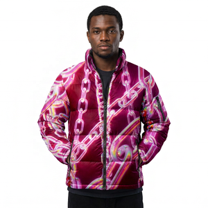Veste matelassée unisexe longue à imprimé chaîne violette, col à capuche, fermeture éclair, coupe-vent, décontractée, hiver, polyester écologique - Product Image 6