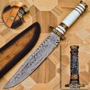 Cuchillo Bowie Táctico de Damasco Hecho a Mano, con Mango de Resina Blanca, Personalizable, Hoja Fija de Acero de Damasco, Multifuncional para Camping - Product Image 1