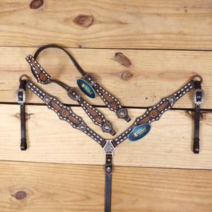 Ensemble de sellerie western en cuir perlé fait main de haute qualité, confortable et durable, avec collier de poitrage et têtière outillés, personnalisable - Product Image 1