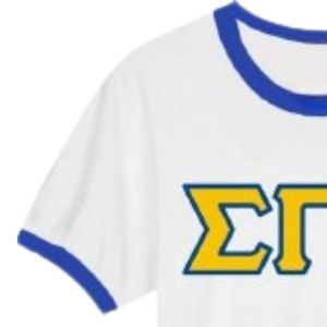 เสื้อยืดคอกลมแขนสั้นสีขาวขอบสีน้ำเงิน ลายตัวอักษร Sigma Gamma Rho สำหรับสตรี  ชุดนักศึกษาหญิงกรีก - Product Image 4