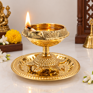 Handcrafted Brass Tortoise Diya <b>Oil</b> <b>Lamp</b> with Decorative Plate Traditional Puja Deepak for Home Temple Diwali Decor - Product Image 2