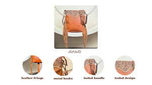 Women's Boho Western Style Fringe Hand Tooled Leather <b>Crossbody</b> <b>Bag</b> <b>Large</b> Capacity Genuine Cowhide Leather Floral Design Handbag - Product Image 3