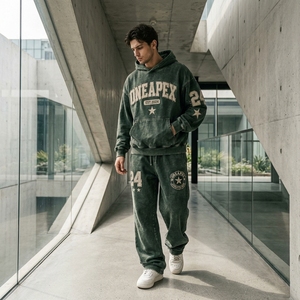 Men's Oversized Dark Green Acid Wash Hoodie Tracksuit <b>Sets</b> Heavyweight Streetwear Cotton <b>Jogger</b> <b>Matching</b> Sweat Suit Custom - Product Image 3