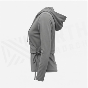 Women's Gray Long Sleeve Hooded <b>Wrap</b> <b>Top</b> With Drawstring Closure And Self-Tie Waist Solid Color <b>Yoga</b> Wear - Product Image 4