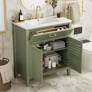 Mobile da Bagno da 30 Pollici con Lavabo in Ceramica Multifunzionale, 1 Cassetto Estraibile e Divisori, Ampia Combinazione di Spazio di Archiviazione - Product Image 1