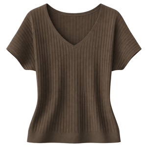 Blusa de punto acanalado con cuello en V para mujer, manga corta, corte relajado, informal, de verano, suave y transpirable, para uso diario - Product Image 1
