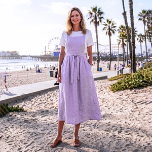 Vestido Delantal de Algodón Orgánico Teñido Liso Hecho a Mano Estilo Vintage con Lazo Cruzado en la Espalda, Cintura Ajustable, Manga Campana Midi y Bolsillos para Mujer, Tallas Grandes - Product Image 1