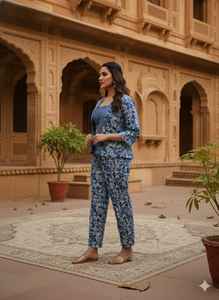 Ensemble trois pièces bleu indigo imprimé au bloc : crop top, veste et pantalon – Tenue bohème d'été pour femme – Vêtements ethniques indiens - Product Image 6