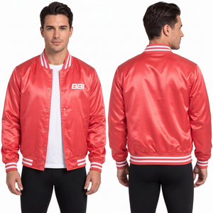 Blouson de baseball rétro rose corail pour homme, en satin, style dugout, avec tricot côtelé rayé, streetwear, rouge fraise, veste universitaire soyeuse, OEM - Product Image 1