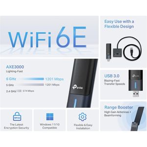 Adattatore USB WiFi 6E per PC Desktop Archer TXE50UH AXE3000, Scheda di Rete Wireless Tri-Band a Bassissima Latenza con MU-MIMO - Product Image 2