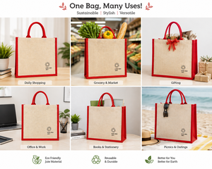 Sac fourre-tout en jute écologique, petit format, avec bordure rouge, imprimé « Good Vibes Only », poignée supérieure, idéal pour les courses au supermarché - Product Image 4