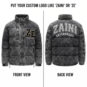 Chaqueta Bomber Premium de Poliéster con Lavado Ácido de 240 GSM, Resistente al Viento, Gris y Negro, con Paneles Acolchados, Bordado Chenille Personalizado y Logotipo con Impresión Puff - Product Image 1