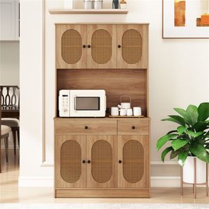 Dispensa in Teak Stile Boho Naturale a 6 Ante con Porte in Rattan PE Moderno e Stazione di Ricarica Integrata, 2 Prese AC e 2 Porte USB - Product Image 5