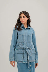 Veste en jean pour femme à manches longues, col rabattu, ceinture, poches, coupe ample, coton délavé, style décontracté printemps - Product Image 4