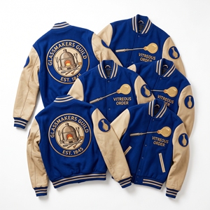 Chaqueta Letterman al por mayor, abrigo universitario de lana color carbón, bordado de la Unión de Papeteros, mangas de cuero crema, estilo bomber - Product Image 2
