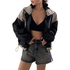 Veste coupe-vent à manches longues pour femme avec fermeture éclair, blocs de couleur, poche zippée, en nylon imperméable - Product Image 2