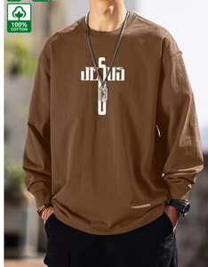เสื้อยืดแขนยาวผู้ชายลำลองผ้าฝ้ายทรงหลวมคอกลมพิมพ์ลายตัวอักษรซักเครื่องได้ - Product Image 1