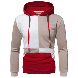 Sweat à capuche pour homme avec empiècements colorblock rouge, blanc et kaki, poche kangourou, vêtements en gros OEM ODM - Product Image 1
