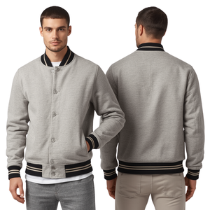 Chaqueta Varsity Gris para Hombre, Corte Regular, Cuello Camisero, Cierre de Botones, Estilo Casual Otoñal, Color Sólido, Tejido de Poliéster - Product Image 1