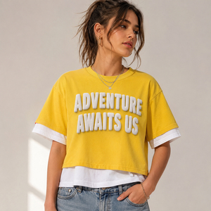Crew Neck Short Sleeve Double Layer Tee 100% Cotton Puff Print <b>Crop</b> <b>Top</b> Ladies Double Sleeve <b>Crop</b> Tee Short Sleeve Loosed Shirt - Product Image 1