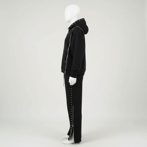 Chándal de invierno personalizado de alta calidad, estilo urbano, liso, transpirable, con triple cremallera, sin estampado, estilo hip hop con remaches, con capucha y pantalón acampanado, 100% - Product Image 3