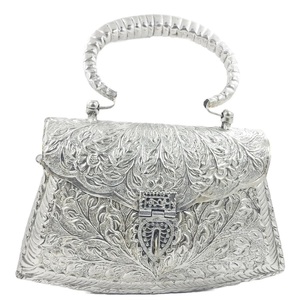Vintage <b>Silver</b> Brass <b>Clutch</b> With Arched Handle and Intricate Floral Design At Wholesale Cheap Price from India - Product Image 5