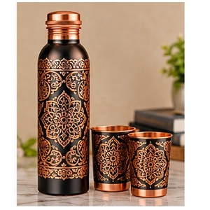 Handcrafted Copper <b>Water</b> <b>Bottle</b> And Cups Set With Floral Design Portable <b>Metal</b> Drinkware For Home Use - Product Image 3