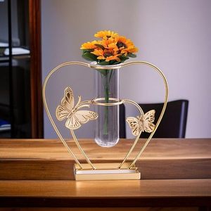 Golden Heart Shape Butterfly Metal <b>Vase</b> With <b>Clear</b> Glass Tube For Tabletop Decor - Product Image 3
