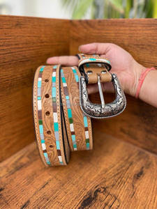 Nouvel arrivage de ceintures florales occidentales en cuir véritable usinées à la main et peintes à la main Ceintures unisexes en cuir véritable usiné à la main - Product Image 3