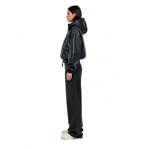 <b>Women's</b> Oversized Cropped Leather <b>Jacket</b> Calfskin <b>Bomber</b> Hood <b>Lightweight</b> Solid Color Premium Outerwear Custom OEM Autumn/Winter - Product Image 3