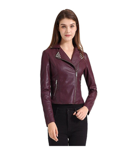 Women's Purple PU Leather Moto Jacket Full Sleeve Turn Down Collar <b>Zipper</b> Closure Autumn Style - Product Image 1